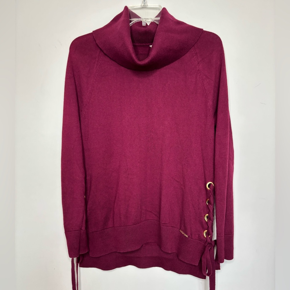 BN2 Michael Kors Women's Burgundy Sweater Side‎ Lace-Up Turtleneck - Picture 6 of 9